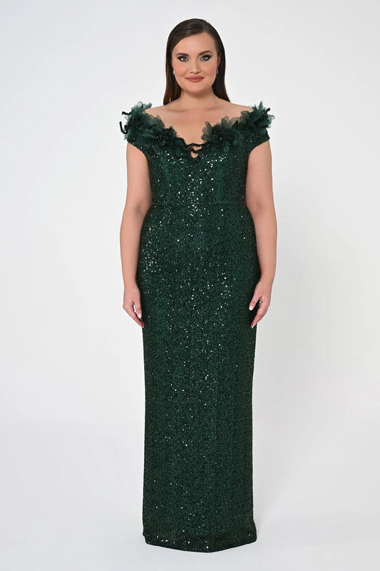 SİM Çiçekli Kayık Yaka Payet Uzun Elbise 6692