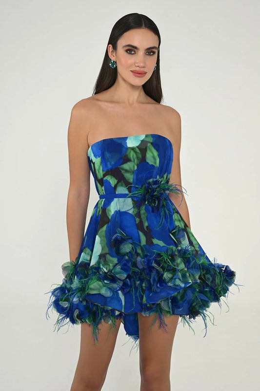 Straplez Tüy Aksesuarlı Desenli Şifon Kısa Elbise 6701