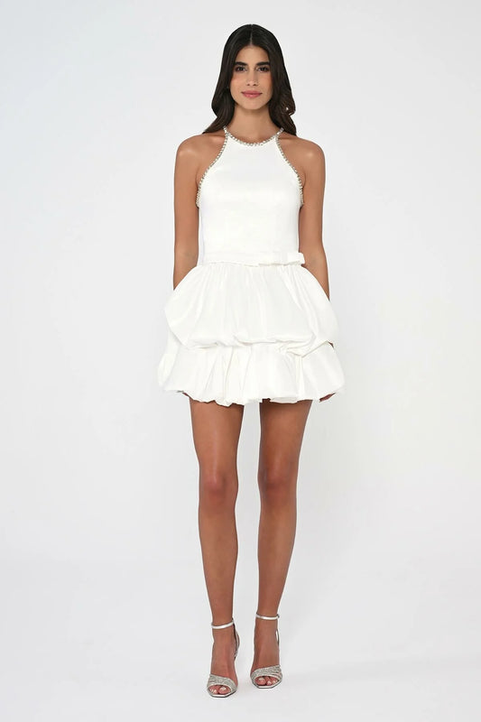 Taşlı Halter Yaka Balon Etek Tafta Kumaş Kısa Elbise 6713