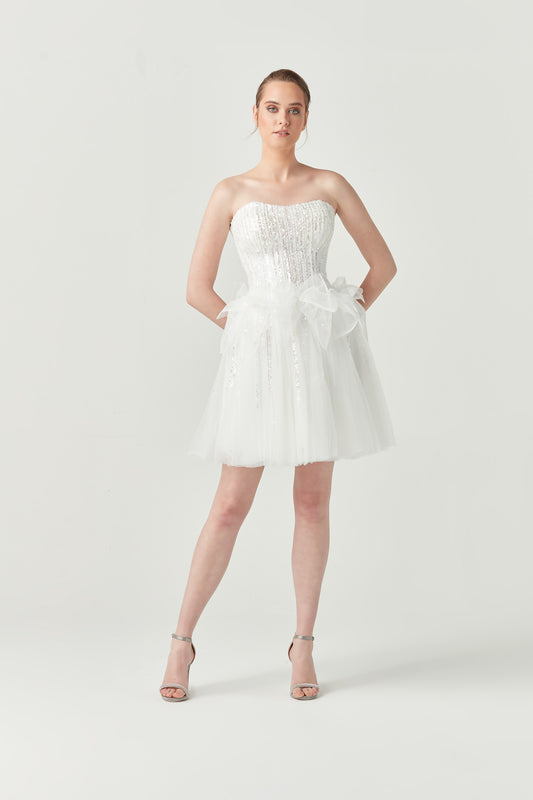 SİM Beyaz Tüllü Kısa Elbise 168