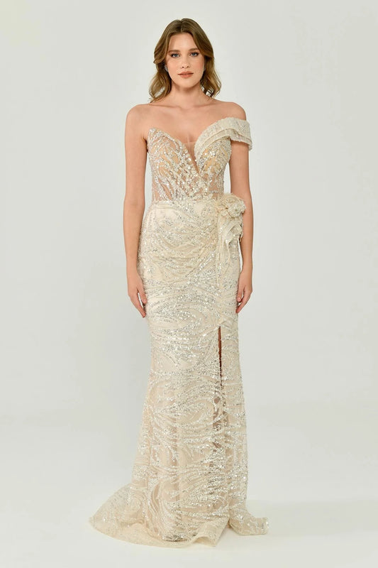 SİM Straplez Tek Düşük Omuzlu İşlemeli Elbise 6129