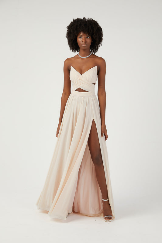 SİM Şifon Yırtmaçlı Straplez Elbise 7959