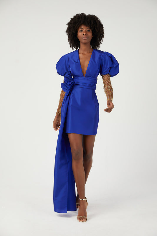 SİM File Kollu Taşlı Kısa Tafta Elbise 6139