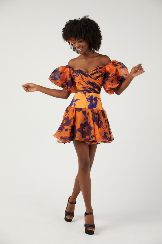 SİM Balon Kollu Kısa Şifon Elbise 6184