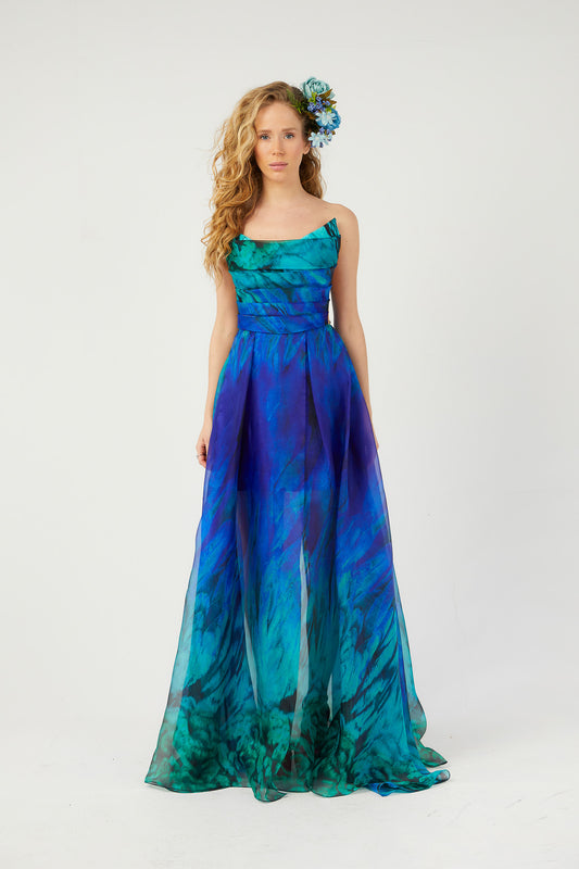 SİM Desenli Tül Straplez Elbise 5922