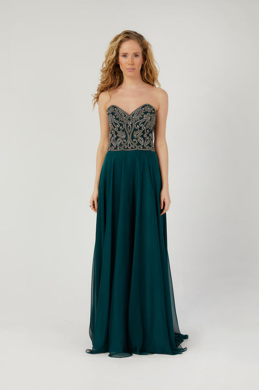 SİM Osmanlı İşlemeli Straplez Şifon Elbise 8119