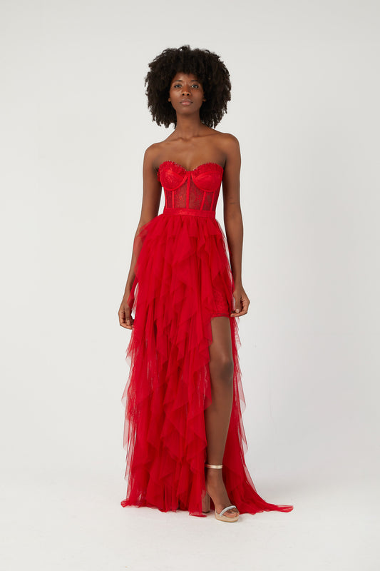 SİM Straplez Tütü Etekli Uzun Elbise 5576