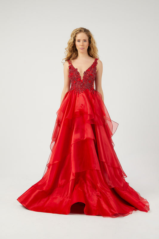 SİM Kabarık Organze Tül Etekli Üstü İşlemeli Nişan ve Kına Elbisesi 4741