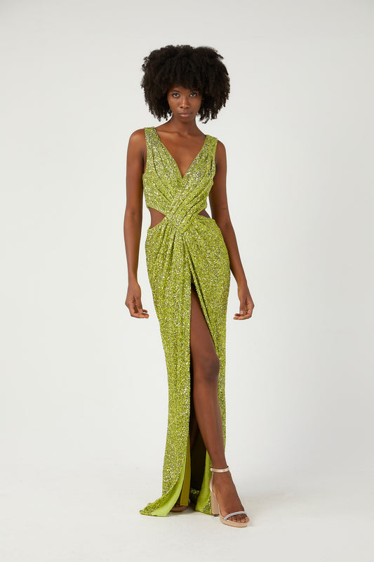 SİM Payetli Kolsuz Yırtmaçlı Elbise 6292