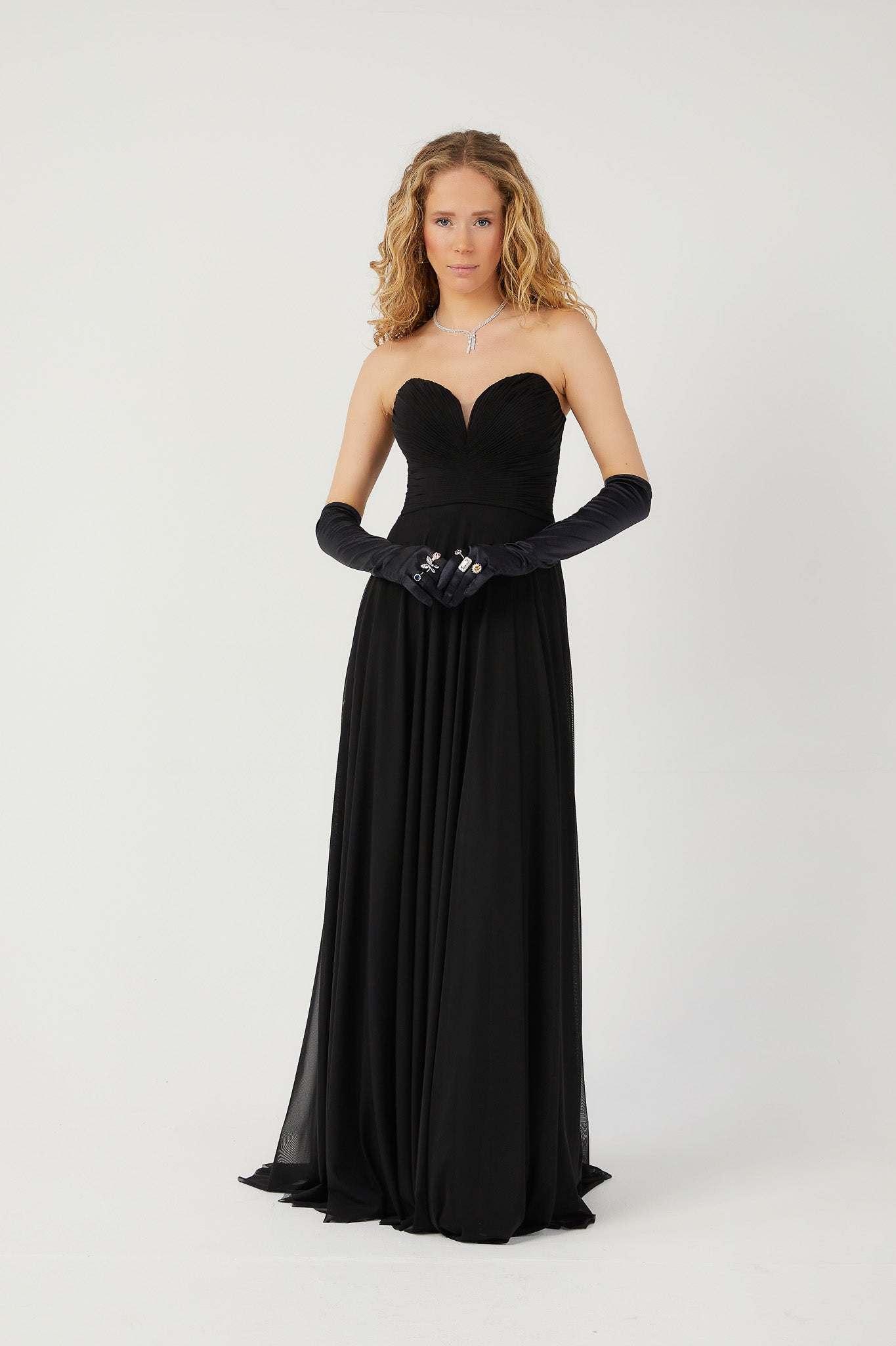 SİM İstiridye Modeli Straplez Şifon Elbise 7021